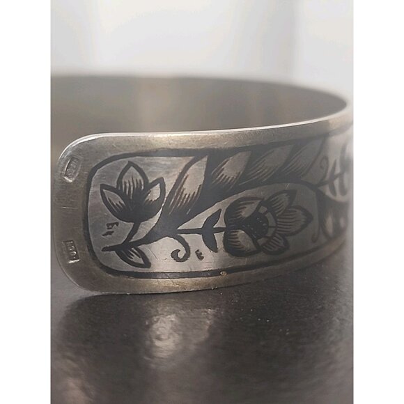 Vintage Soviet era 875 Sterling Silver Cuff Bracelet Niello Floral Design russia - Picture 7 of 9